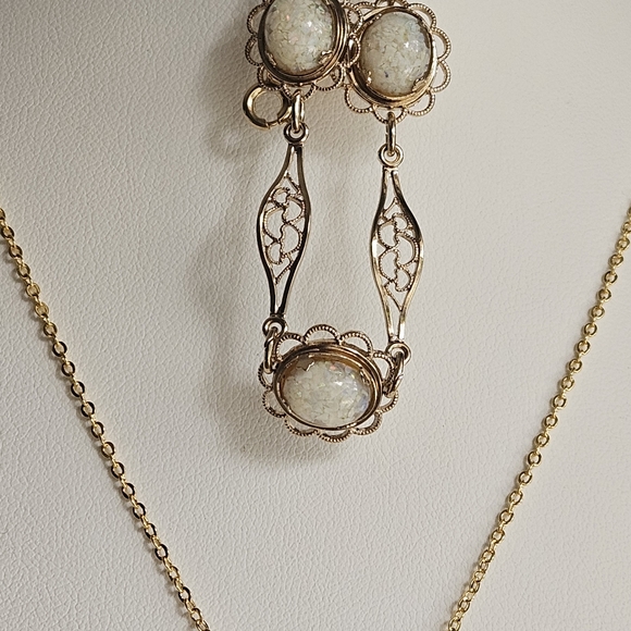 Amco 14K Gold Overlay Bracelet & Pendant Vintage 50s White Opal Gold Filigree - Picture 6 of 13
